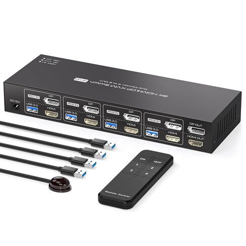 KVM Switch 4 أجهزة كمبيوتر 2 شاشات HDMI ومنفذ عرض 4K120 هرتز 4 منافذ KVM Switch لـ 4 أجهزة كمبيوتر لمشاركة الشاشات المزدوجة و4 أجهزة طرفية USB 3.0 تدعم أوضاع النسخ/التمديد مع وحدة التحكم in Kuwait