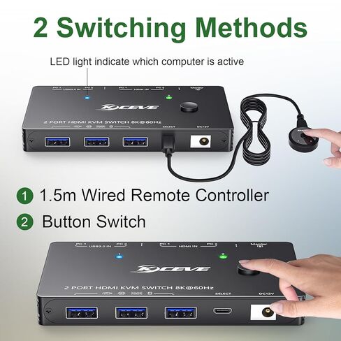 محول HDMI KVM 2 جهاز كمبيوتر وشاشة واحدة، 8K@60 هرتز/4K@120 هرتز، محول KVM لشاشة واحدة لجهازين كمبيوتر يشاركان وشاشة واحدة وأجهزة USB3.0، مع كابلات USB ووحدة تحكم ومحول طاقة (8K HDMI 2 في 1 خارج 10 سم) in Kuwait
