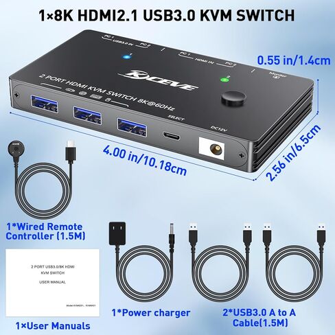 محول HDMI KVM 2 جهاز كمبيوتر وشاشة واحدة، 8K@60 هرتز/4K@120 هرتز، محول KVM لشاشة واحدة لجهازين كمبيوتر يشاركان وشاشة واحدة وأجهزة USB3.0، مع كابلات USB ووحدة تحكم ومحول طاقة (8K HDMI 2 في 1 خارج 10 سم) in Kuwait