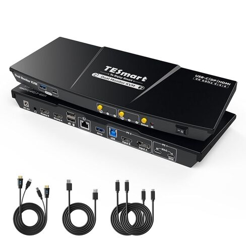 TESmart MST USB-C+HDMI+DP KVM Switch 2 Monitors 2 Computers 4K@60Hz, USB 3.0 Dual Monitor KVM for Laptop&Desktop, 36W, Gigabit LAN, with Input Cables in Saudi Arabia