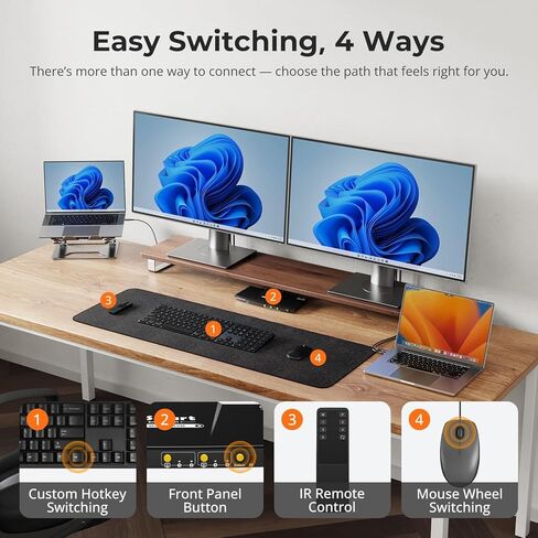 TESmart MST USB-C+HDMI+DP KVM Switch 2 Monitors 2 Computers 4K@60Hz, USB 3.0 Dual Monitor KVM for Laptop&Desktop, 36W, Gigabit LAN, with Input Cables in Saudi Arabia