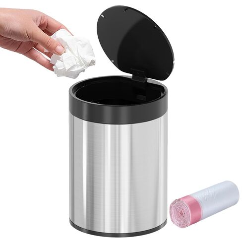 Mini Trash Can for Desk 0.4 Gallon,1.5L Stainless Steel mini Desk Trash can with Lid,Tiny Trash Can for Desk with 1 Roll Bags for Office, Home, Car,(Brushed Gray) in Saudi Arabia