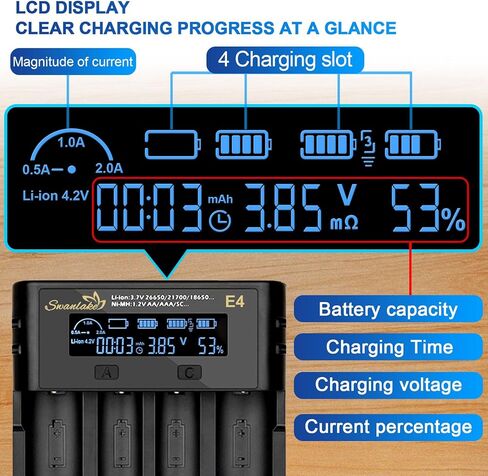 شاحن بطارية 18650، شاحن بطارية قابل لإعادة الشحن بأربعة فتحات مع شاشة LCD لبطاريات الليثيوم 3.7 فولت القابلة لإعادة الشحن 18650 26650 21700 18500 10400 Ni-MH Ni-Cd AA AAA in Kuwait