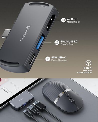 ProtoArc HubMouse، ماوس USB C لاسلكي بلوتوث مع محور 3 منافذ مدمج (PD، HDMI، USB 3.0)، ماوس سفر صامت متعدد الأجهزة قابل للشحن لأجهزة الكمبيوتر المحمول، iPad، MacBook، Surface Pro، رمادي داكن in Saudi Arabia