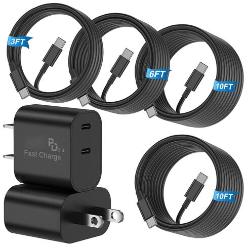 2 حزمة شاحن PD 3.0 فائق السرعة USB C مزدوج المنافذ (إجمالي الإخراج 60 وات) مع 4 حزم 60 وات [3FT+6FT+10FT+10FT] كابل USB C إلى USB C لهاتف Galaxy S26/S25/S24، لهاتف iPhone 17/16/15، لأجهزة iPad والمزيد in Kuwait