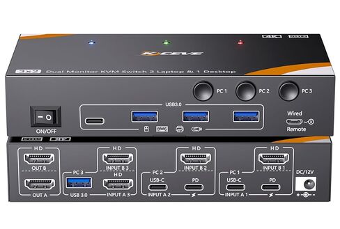 KCEVE KVM Switch 2 Monitors for 2 Laptops 1 Desktop, USB 3.0 KVM Switch 2 Monitors 3 Computers USB C HDMI Share 4 USB3.0 Device, 4K@60Hz, 100W PD, Wired Remote(4K USB C HDMI 3 in 2 Out KVM) in Saudi Arabia