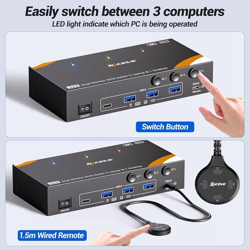 KCEVE KVM Switch 2 Monitors for 2 Laptops 1 Desktop, USB 3.0 KVM Switch 2 Monitors 3 Computers USB C HDMI Share 4 USB3.0 Device, 4K@60Hz, 100W PD, Wired Remote(4K USB C HDMI 3 in 2 Out KVM) in Saudi Arabia