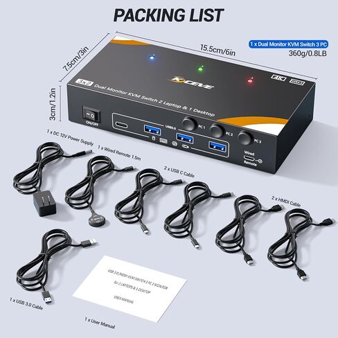 KCEVE KVM Switch 2 Monitors for 2 Laptops 1 Desktop, USB 3.0 KVM Switch 2 Monitors 3 Computers USB C HDMI Share 4 USB3.0 Device, 4K@60Hz, 100W PD, Wired Remote(4K USB C HDMI 3 in 2 Out KVM) in Saudi Arabia