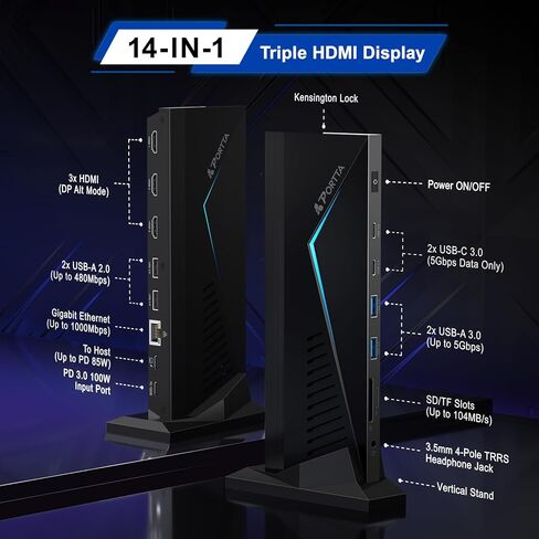 محطة إرساء PORTTA 14 في 1 شاشة ثلاثية، HDMI x3، USB x6، RJ45، SD/TF، ​​100 واط PD، صوت/ميكروفون، دعم فردي/مزدوج 4K@60 هرتز، ثلاثي 4K@30 هرتز، متوافق مع Windows SST/MST، التوصيل والتشغيل in Kuwait