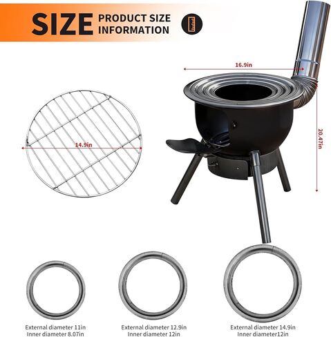 Outdoor Wood Burning Stove with Chimney Pipe, Portable Fire Pit Stove with Grill Grate, 16.8" Cooking Surface, Detachable Rings, Ideal for Camping, Backyard & Outdoor Cooking in Saudi Arabia