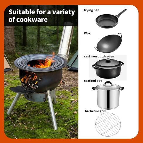 Outdoor Wood Burning Stove with Chimney Pipe, Portable Fire Pit Stove with Grill Grate, 16.8" Cooking Surface, Detachable Rings, Ideal for Camping, Backyard & Outdoor Cooking in Saudi Arabia