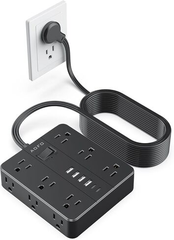 شريط طاقة للحماية من زيادة التيار - 12 منفذ تيار متردد + 6 منافذ USB (2 USB-C)، سلك تمديد مسطح بطول 5 أقدام مع منافذ متعددة، حامل على الحائط، أبيض in Kuwait