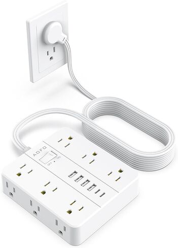 شريط طاقة للحماية من زيادة التيار - 12 منفذ تيار متردد + 6 منافذ USB (2 USB-C)، سلك تمديد مسطح بطول 5 أقدام مع منافذ متعددة، حامل على الحائط، أبيض in Kuwait
