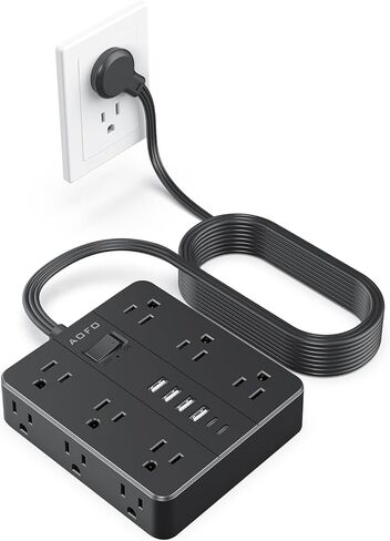 شريط طاقة للحماية من زيادة التيار - 12 منفذ تيار متردد + 6 منافذ USB (2 USB-C)، سلك تمديد مسطح بطول 5 أقدام مع منافذ متعددة، حامل على الحائط، أبيض in Kuwait