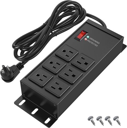 قطاع طاقة شديد التحمل لحماية التيار 2500J، 15A 1875W 6 منافذ تمديد سلك 4FT 14AWG مع قابس مسطح، شريط طاقة معدني لأجهزة المطبخ، ورشة العمل، المرآب والمكتب (أسود، 4FT) in Kuwait