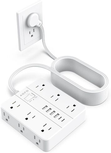 شريط طاقة للحماية من زيادة التيار - 12 منفذ تيار متردد + 6 منافذ USB (2 USB-C)، سلك تمديد مسطح بطول 5 أقدام مع منافذ متعددة، حامل على الحائط، أبيض in Kuwait