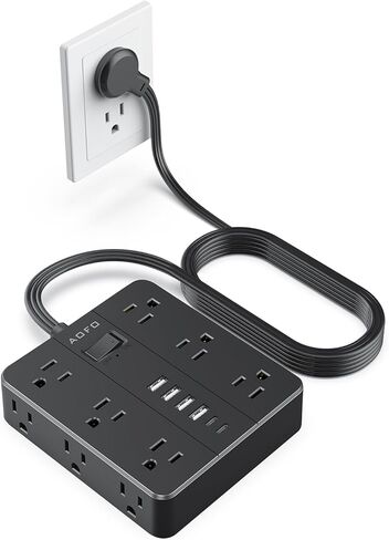 شريط طاقة للحماية من زيادة التيار - 12 منفذ تيار متردد + 6 منافذ USB (2 USB-C)، سلك تمديد مسطح بطول 5 أقدام مع منافذ متعددة، حامل على الحائط، أبيض in Kuwait
