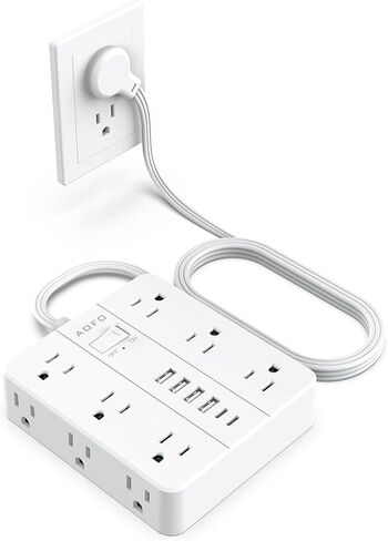 شريط طاقة للحماية من زيادة التيار - 12 منفذ تيار متردد + 6 منافذ USB (2 USB-C)، سلك تمديد مسطح بطول 5 أقدام مع منافذ متعددة، حامل على الحائط، أبيض in Kuwait