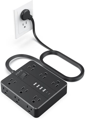 شريط طاقة للحماية من زيادة التيار - 12 منفذ تيار متردد + 6 منافذ USB (2 USB-C)، سلك تمديد مسطح بطول 5 أقدام مع منافذ متعددة، حامل على الحائط، أبيض in Kuwait