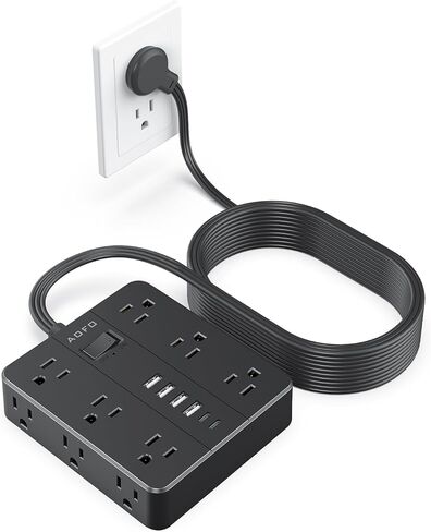 شريط طاقة للحماية من زيادة التيار - 12 منفذ تيار متردد + 6 منافذ USB (2 USB-C)، سلك تمديد مسطح بطول 5 أقدام مع منافذ متعددة، حامل على الحائط، أبيض in Kuwait