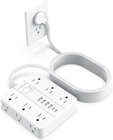 شريط طاقة للحماية من زيادة التيار - 12 منفذ تيار متردد + 6 منافذ USB (2 USB-C)، سلك تمديد مسطح بطول 5 أقدام مع منافذ متعددة، حامل على الحائط، أبيض in Kuwait