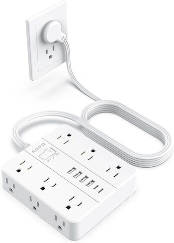 شريط طاقة للحماية من زيادة التيار - 12 منفذ تيار متردد + 6 منافذ USB (2 USB-C)، سلك تمديد مسطح بطول 5 أقدام مع منافذ متعددة، حامل على الحائط، أبيض in Kuwait