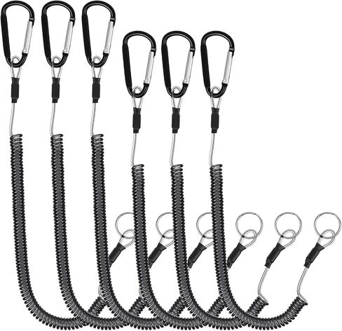 6 Pack Fishing Coiled Lanyard, Retractable Tool Lanyards for Hand Tools Keychain Pole Tether, Kayak Paddle Leash Fishing Rod Safety Steel Wire Lanyards Gear with Carabiner Clips for Pliers Boating in Saudi Arabia