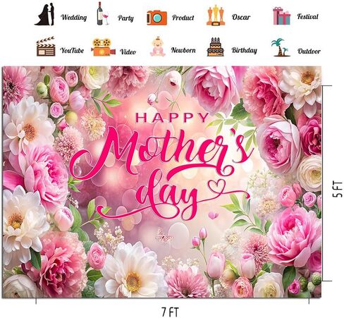 CHAIYA 7X5ft Happy Mothers Day Backdrop Pink Flowers Mothers Day Photo Background Best Mom Moms Day Party Backdrop Mother's Day Home Party Decoration in Saudi Arabia