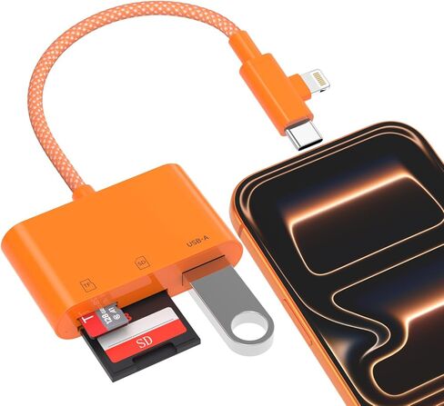 SD Card Reader for iPhone iPad, Lightning & USB C Dual Connectors, 3 in 1 Memory Card Reader with USB Camera Adapter, SD/TF Card Simultaneous Read, Trail Game Camera Viewer, Plug & Play, Orange in Saudi Arabia