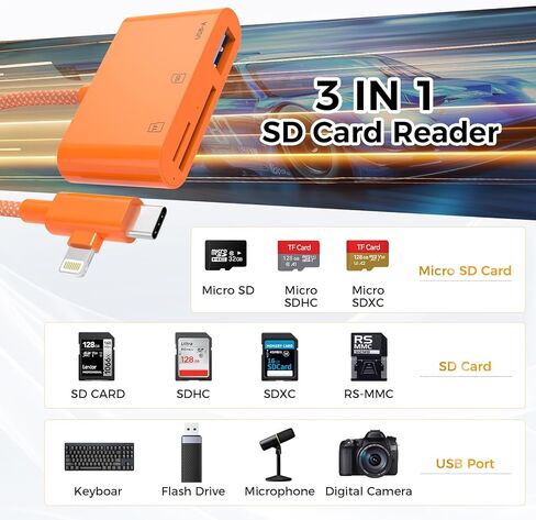 SD Card Reader for iPhone iPad, Lightning & USB C Dual Connectors, 3 in 1 Memory Card Reader with USB Camera Adapter, SD/TF Card Simultaneous Read, Trail Game Camera Viewer, Plug & Play, Orange in Saudi Arabia