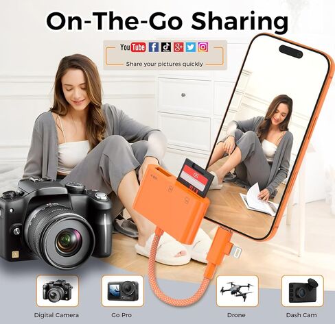 SD Card Reader for iPhone iPad, Lightning & USB C Dual Connectors, 3 in 1 Memory Card Reader with USB Camera Adapter, SD/TF Card Simultaneous Read, Trail Game Camera Viewer, Plug & Play, Orange in Saudi Arabia