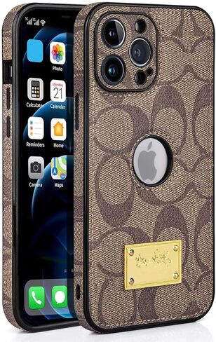 for iPhone 17 Pro Max Case with Camera Lens Protector, Logo View, Luxury Designer Classical Leather Full Protection Shockproof Anti-Scratch Phone Cover for iPhone 17 Pro Max Khaki in Saudi Arabia