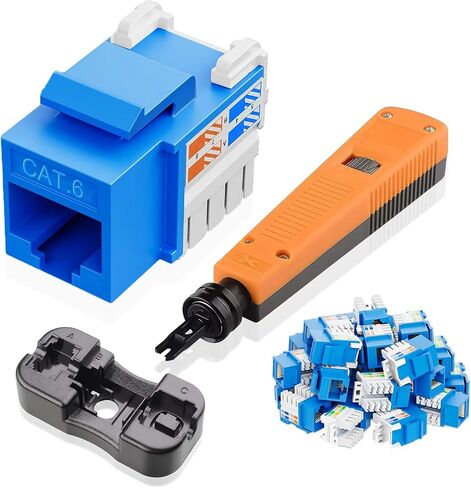 مقابس Keystone Cat6 بسرعة 10 جيجابت في الثانية مكونة من 25 حزمة، ومقبس RJ45 Keystone، ومقبس Ethernet Keystone باللون الأزرق مع أداة ثقب لأسفل وحامل ثقب لأسفل للوحة الحائط in Kuwait