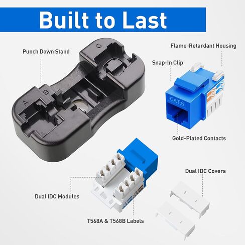 مقابس Keystone Cat6 بسرعة 10 جيجابت في الثانية مكونة من 25 حزمة، ومقبس RJ45 Keystone، ومقبس Ethernet Keystone باللون الأزرق مع أداة ثقب لأسفل وحامل ثقب لأسفل للوحة الحائط in Kuwait