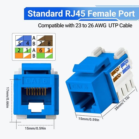 مقابس Keystone Cat6 بسرعة 10 جيجابت في الثانية مكونة من 25 حزمة، ومقبس RJ45 Keystone، ومقبس Ethernet Keystone باللون الأزرق مع أداة ثقب لأسفل وحامل ثقب لأسفل للوحة الحائط in Kuwait