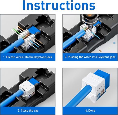 مقابس Keystone Cat6 بسرعة 10 جيجابت في الثانية مكونة من 25 حزمة، ومقبس RJ45 Keystone، ومقبس Ethernet Keystone باللون الأزرق مع أداة ثقب لأسفل وحامل ثقب لأسفل للوحة الحائط in Kuwait
