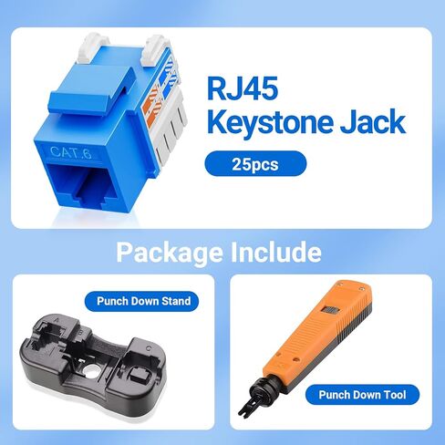 مقابس Keystone Cat6 بسرعة 10 جيجابت في الثانية مكونة من 25 حزمة، ومقبس RJ45 Keystone، ومقبس Ethernet Keystone باللون الأزرق مع أداة ثقب لأسفل وحامل ثقب لأسفل للوحة الحائط in Kuwait
