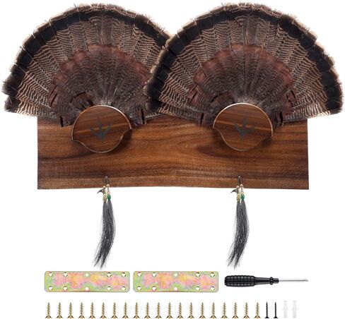 Briwooody Turkey Fan Mount Kit Multi Fan Pine Turkey Tail Display Plaque Rack 30 Inch Wooden Wall Mount for Multiple Feathers Hunting Trophy Decor Rustic Cabin Home with Metal Hooks(Classic) in Saudi Arabia