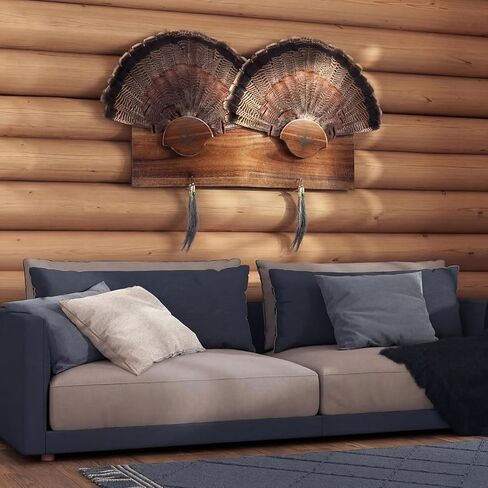 Briwooody Turkey Fan Mount Kit Multi Fan Pine Turkey Tail Display Plaque Rack 30 Inch Wooden Wall Mount for Multiple Feathers Hunting Trophy Decor Rustic Cabin Home with Metal Hooks(Classic) in Saudi Arabia