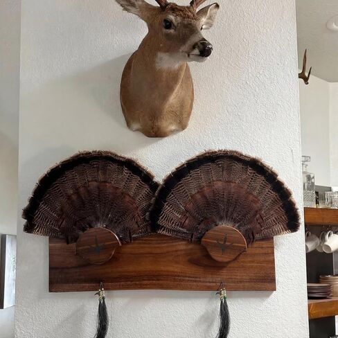 Briwooody Turkey Fan Mount Kit Multi Fan Pine Turkey Tail Display Plaque Rack 30 Inch Wooden Wall Mount for Multiple Feathers Hunting Trophy Decor Rustic Cabin Home with Metal Hooks(Classic) in Saudi Arabia