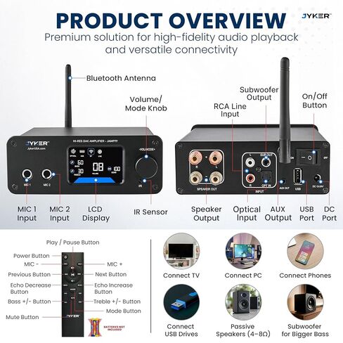 مضخم صوت ستيريو Jyker Hi-Fi DAC مع بلوتوث 5.2-2 قناة فئة D TPA3116 x2 ES9023 مضخم صوت لمكبرات الصوت السلبية، ومخرجات AUX/SUB، ومدخلات Opt/USB/MIC/RCA، وصدى صوت ثلاثي الطبقات، وشاشة LCD ملونة - JAMP79.0 in Kuwait