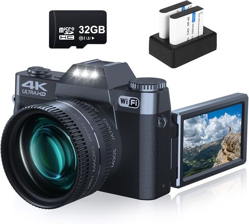 كاميرا رقمية بدقة 4K مع صور بدقة 56 ميجابكسل، وكاميرا تسجيل فيديو فائقة الدقة مع شاشة قابلة للطي بزاوية 180 درجة، وكاميرا متصلة بالواي فاي مع بطاريتين وبطاقة 32 جيجابايت، وكاميرا صغيرة الحجم للمبتدئين والسفر، باللون الأسود in Saudi Arabia