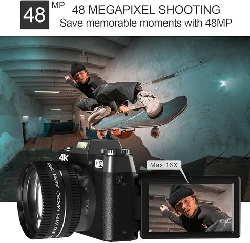 كاميرا رقمية بدقة 4K مع صور بدقة 56 ميجابكسل، وكاميرا تسجيل فيديو فائقة الدقة مع شاشة قابلة للطي بزاوية 180 درجة، وكاميرا متصلة بالواي فاي مع بطاريتين وبطاقة 32 جيجابايت، وكاميرا صغيرة الحجم للمبتدئين والسفر، باللون الأسود in Saudi Arabia