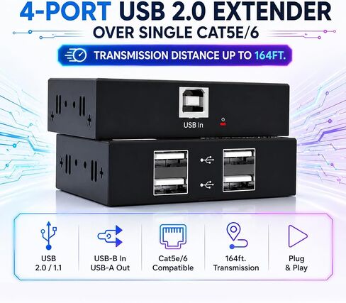 J-Tech Digital USB 2.0 Extender Over Single Cat5e/6 Ethernet 164ft، 4-Port USB 2.0 Hub لطابعة لوحة مفاتيح كاميرا الويب والماوس، التوصيل والتشغيل لنظام التشغيل Windows MacOS Linux [JTECH-U2EXT-4P] in Saudi Arabia