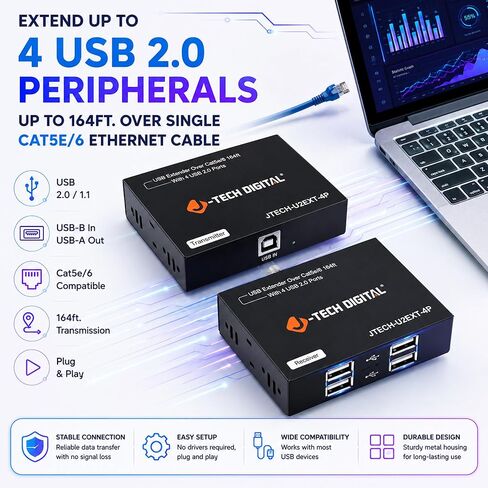J-Tech Digital USB 2.0 Extender Over Single Cat5e/6 Ethernet 164ft، 4-Port USB 2.0 Hub لطابعة لوحة مفاتيح كاميرا الويب والماوس، التوصيل والتشغيل لنظام التشغيل Windows MacOS Linux [JTECH-U2EXT-4P] in Saudi Arabia