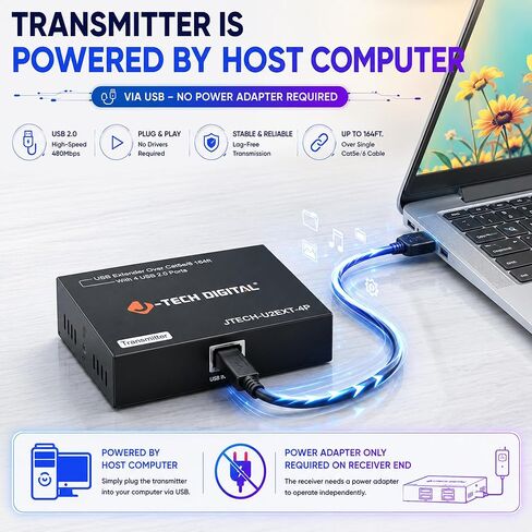 J-Tech Digital USB 2.0 Extender Over Single Cat5e/6 Ethernet 164ft، 4-Port USB 2.0 Hub لطابعة لوحة مفاتيح كاميرا الويب والماوس، التوصيل والتشغيل لنظام التشغيل Windows MacOS Linux [JTECH-U2EXT-4P] in Saudi Arabia