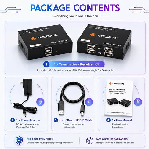 J-Tech Digital USB 2.0 Extender Over Single Cat5e/6 Ethernet 164ft، 4-Port USB 2.0 Hub لطابعة لوحة مفاتيح كاميرا الويب والماوس، التوصيل والتشغيل لنظام التشغيل Windows MacOS Linux [JTECH-U2EXT-4P] in Saudi Arabia