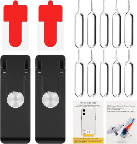 2 Pack Ultra Thin Phone Kickstand, 360° Rotating Stainless Steel Stand, Vertical/Horizontal Use, Foldable & Pocket Friendly, Fits All Phone(Black,Size:2.6inch) in Saudi Arabia