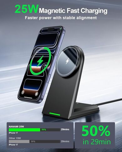 NANAMI 25W Magnetic Wireless Charger Stand, Fast Magnetic Phone Charger, N52 Alignment, 360° Adjustable, Auto-Dim LED, Cooling & Safety Protection for iPhone 17/16/15/14/13/12 & Google Pixel 10 Series in Saudi Arabia