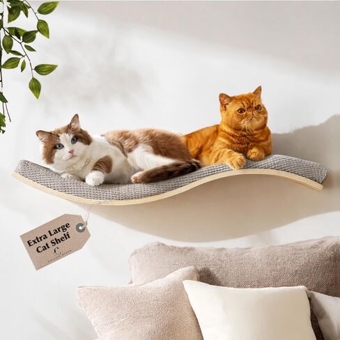 Extra Large 35.4" × 11.6" Stylish Cat Wall Shelves with Soft Cushion, Modern Wall-Mounted Cat Tree Furniture & Perch, Sturdy/Hidden Mounts, Machine Wash Cover, Sleek Design Wave S-Shape in Kuwait